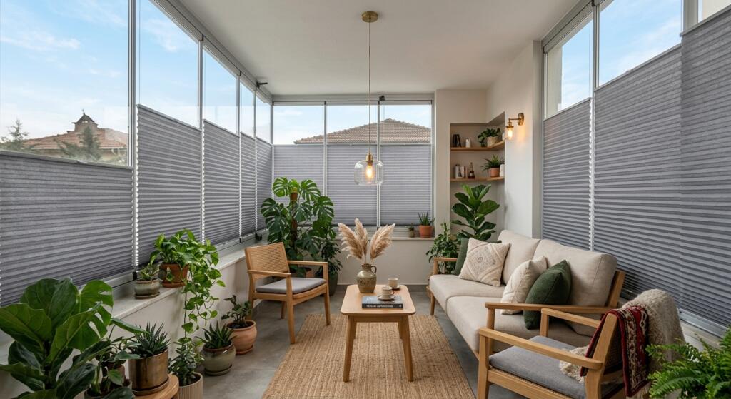 Balkon dekorasyonu için şık cam balkon plise perde modelleri