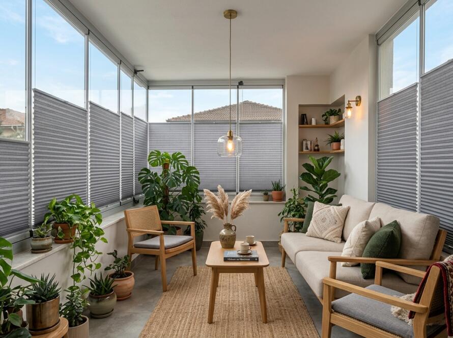 Balkon dekorasyonu için şık cam balkon plise perde modelleri