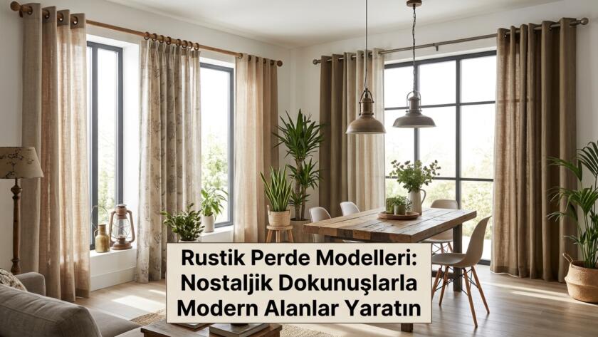 Ahşap rustik perde borularına asılı keten ve doğal kumaşlı rustik perde modelleri ile dekore edilmiş modern yemek odası.