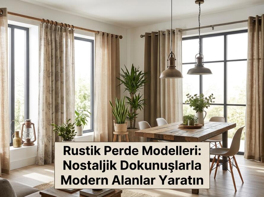 Ahşap rustik perde borularına asılı keten ve doğal kumaşlı rustik perde modelleri ile dekore edilmiş modern yemek odası.