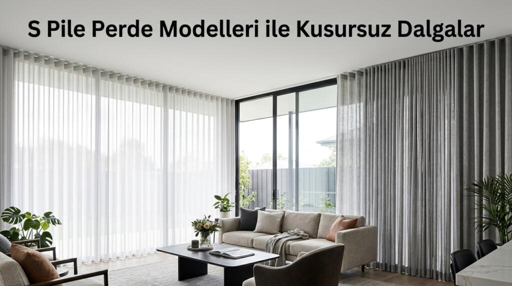 Modern bir salonda tavandan yere kadar uzanan, kusursuz dalgalara sahip gri ve tül S pile perde modelleri.