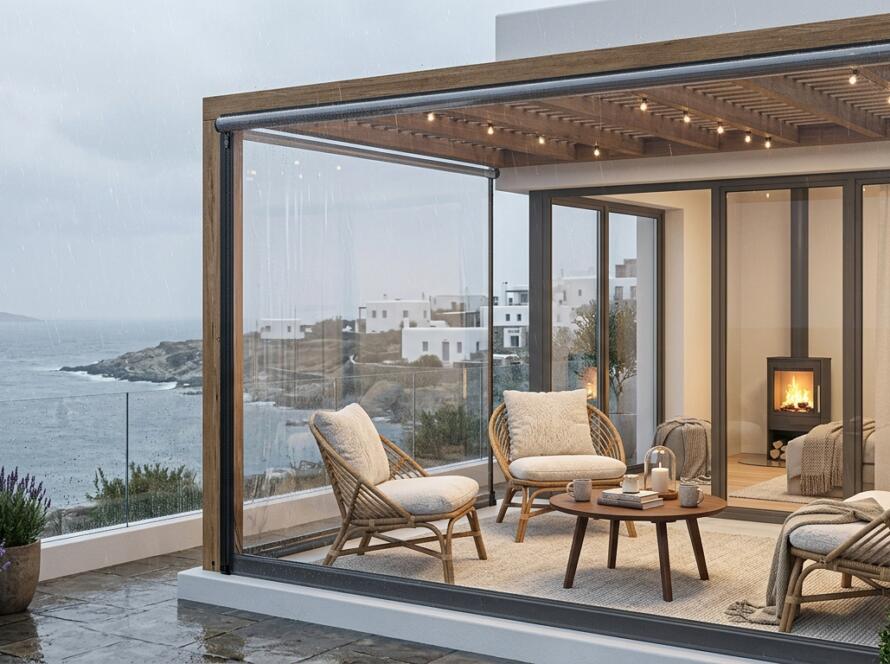 Balkon ve teraslar için manzarayı kapatmayan şeffaf zip perde uygulaması.