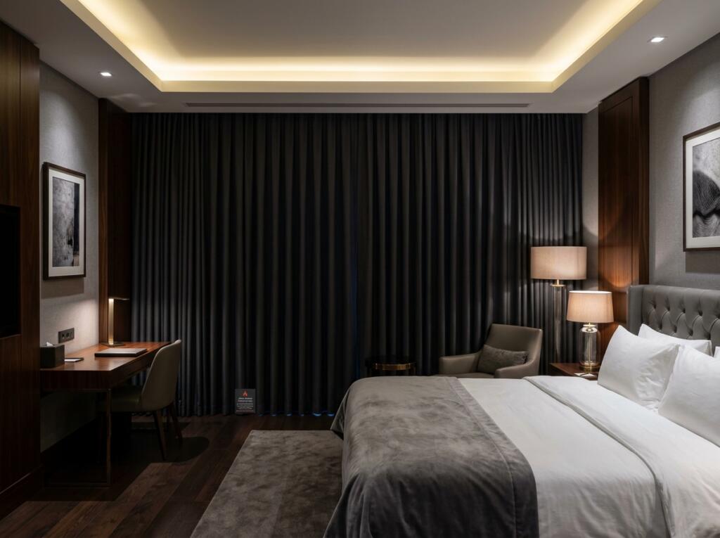 Otel perdesi koleksiyonumuzdan turizm işletmelerine özel alev almaz ve ışık kesen lüks kumaş tasarımları