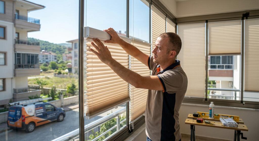 Başiskele plise perde uzman ekibi ile cam balkon ölçü ve matkapsız montaj işlemi