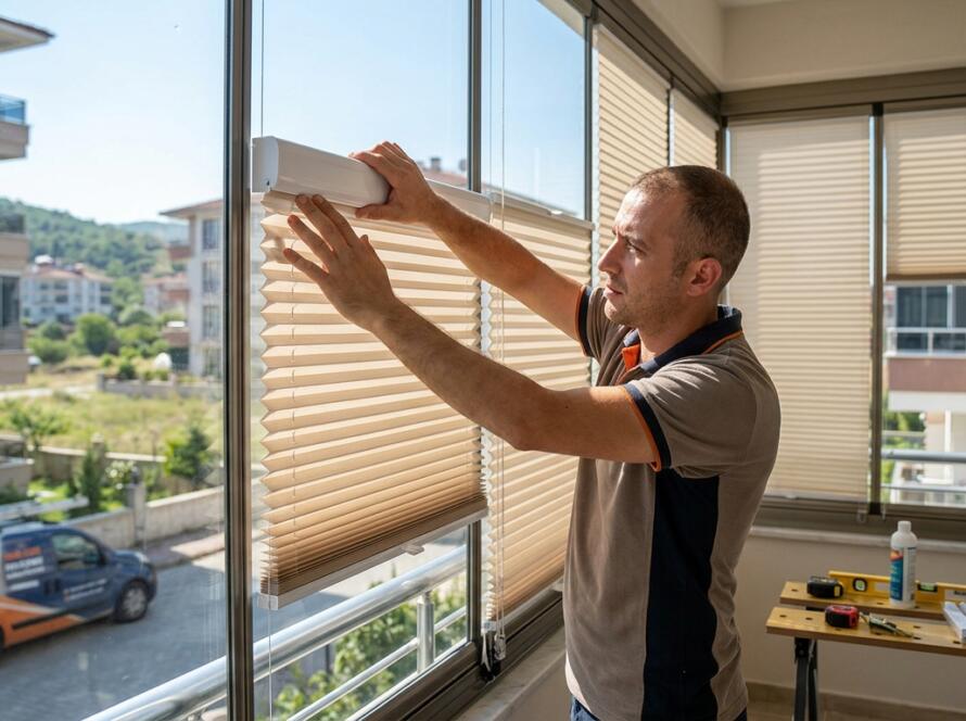 Başiskele plise perde uzman ekibi ile cam balkon ölçü ve matkapsız montaj işlemi