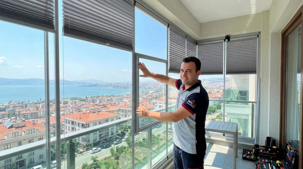İzmit plise perde atölyemizin uzman ekiplerle gerçekleştirdiği matkapsız cam balkon montajı