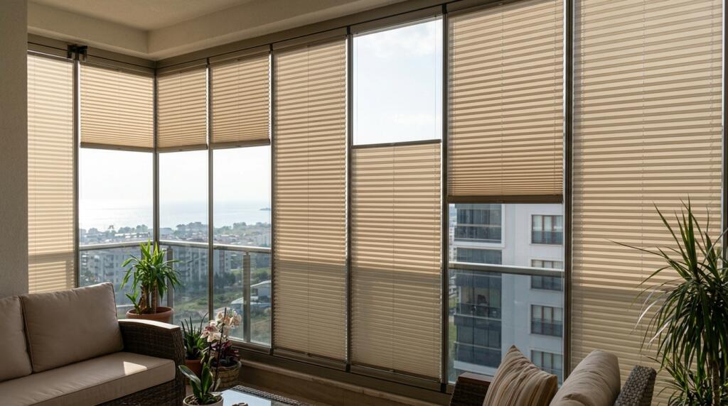 Kocaeli cam balkon projeleri için katlamalı plicell perde ve plise tasarımları