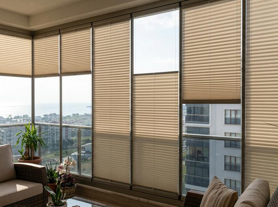 Kocaeli cam balkon projeleri için katlamalı plicell perde ve plise tasarımları
